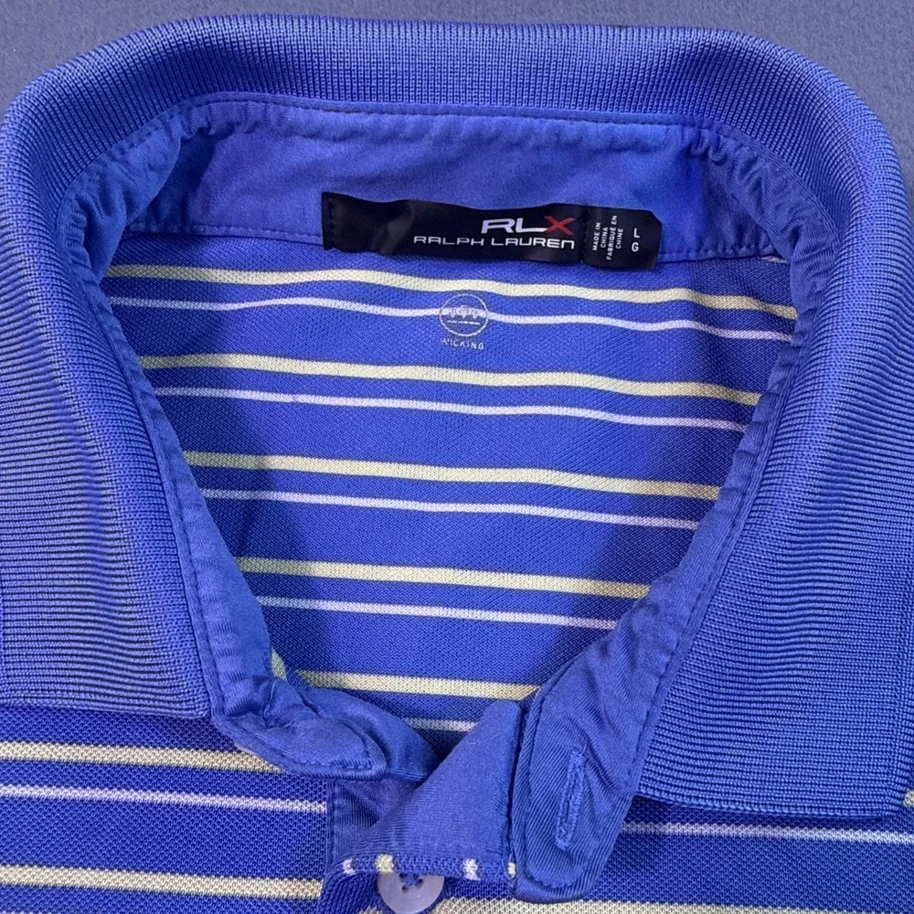 RLX Ralph Lauren Polo Golf Shirt MENS LARGE PERFORMANCE BLUE YELLOW  Stripe